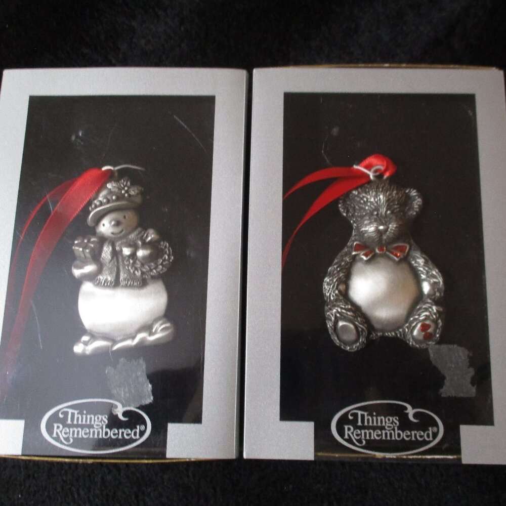 Set of Two Things Remembered Pewter Christmas Ornaments Snowman Teddy Bear